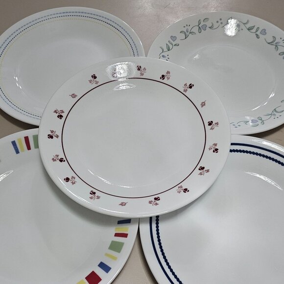 5 Corelle Mismatched  Dessert Plates 6.75" floral heart stripes - Picture 2 of 9